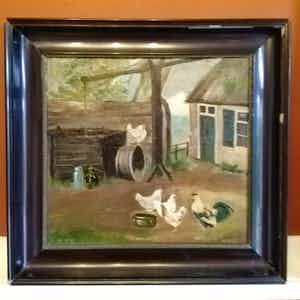 Niet of onleesbaar gesigneerd - Naïeve kunststroming - Kippen op het erf - 1924 verkocht voor € 1!