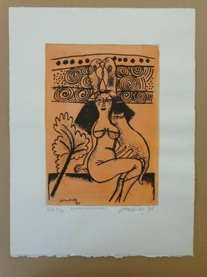 Corneille - VROUW MET KAT / ZW-W ETS + AQUAREL / 48x35cm / SIG / 1998 kopen? Bied vanaf 195!
