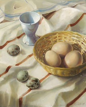 Reinout Krajenbrink - Olieverf op paneel, Stilleven met eieren kopen? Bied vanaf 500!