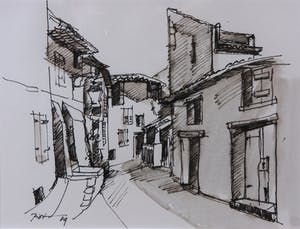 Piet Snoeren - Pentekening, Dorpsgezicht - Ingelijst kopen? Bied vanaf 1!