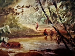 Niet of onleesbaar gesigneerd - circa. 1900 - Naïef olieverf Indonesië "badende vrouwen" - monogram kopen? Bied vanaf 1!