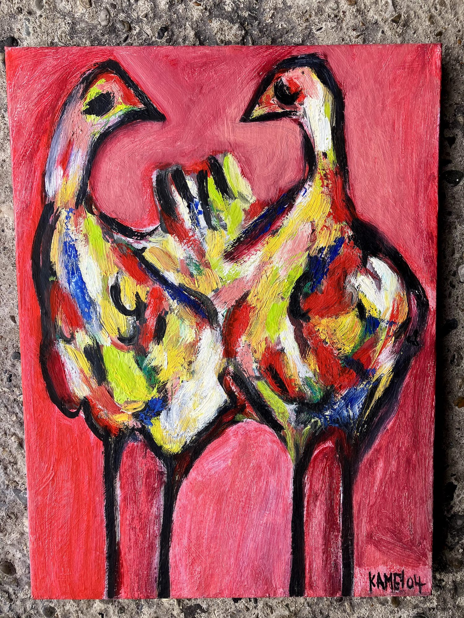 Tarek Fouad Kamel - Modern schilderij met kippen. verkocht voor € 25!