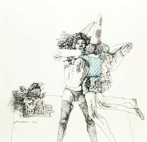 Ton Hoogendoorn - Pentekening, Dans om de vogel verkocht voor € 40!