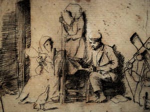 Niet of onleesbaar gesigneerd - Zeer oude Ets "Figuren op een binnenplaats" Rembrandt kwaliteit kopen? Bied vanaf 1!