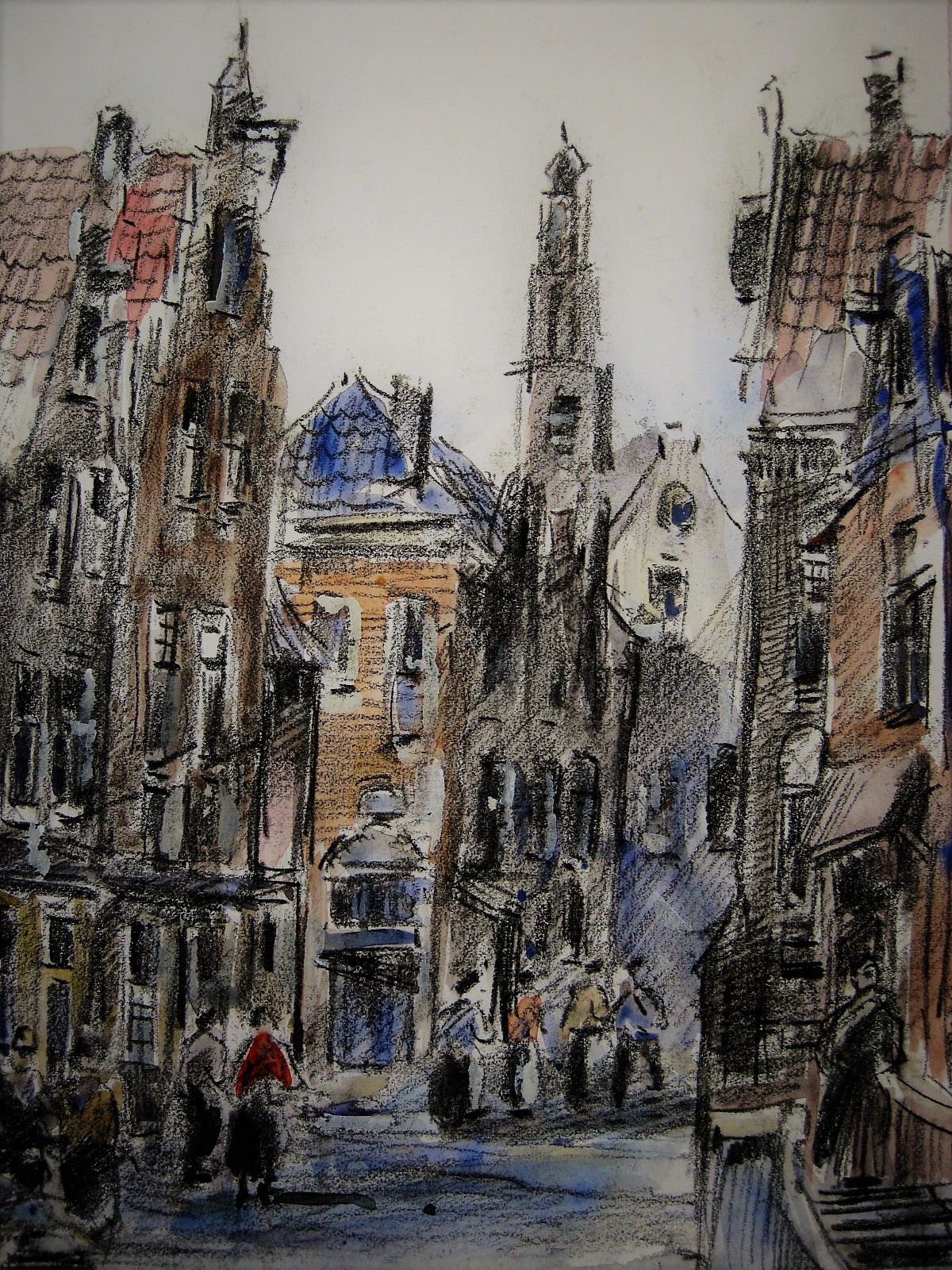 Louis van der Pol - grote Aquarel "personen in Hollandse stadstraat" ca. 1950 kopen? Bied vanaf 1!