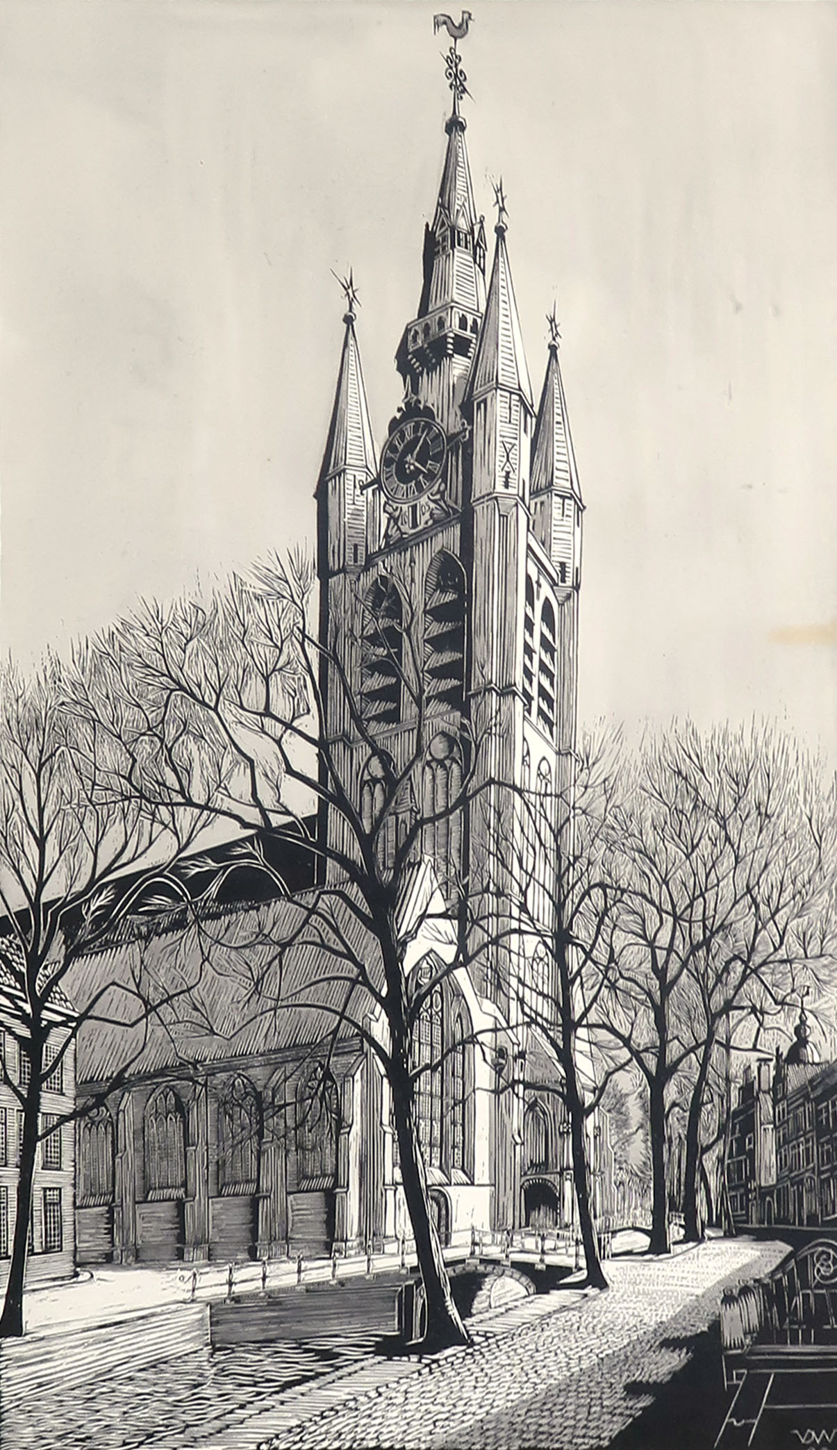 Niet of onleesbaar gesigneerd - Houtsnede, Oude kerk te Delft - Ingelijst kopen? Bied vanaf 1!
