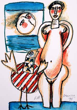 Corneille - Zeefdruk: naakte dame met vogel- 1998 verkocht voor € 100!