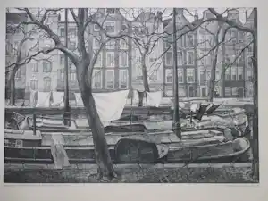 Buy Aart van Dobbenburgh - Wasgoed op Amsterdamse schuiten - Litho? Bid from 35!