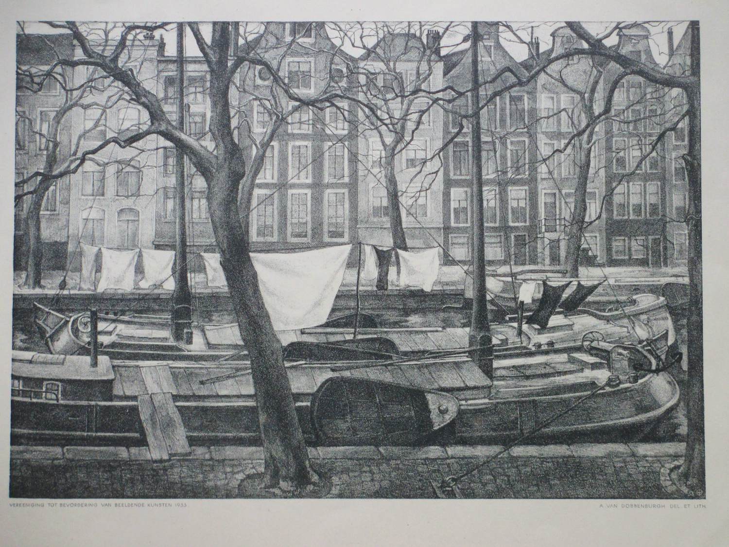 Aart van Dobbenburgh - Wasgoed op Amsterdamse schuiten - Litho kopen? Bied vanaf 45!