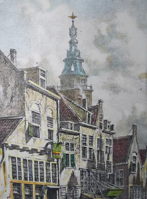 Petrus Gerardus Vertin - 19e eeuws straatje, mogelijk Haarlem - handgekleurde litho naar P.G. Vertin kopen? Bied vanaf 25!