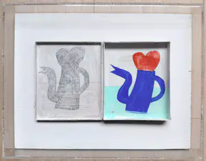 Klaas Gubbels - Ketel met hart, gemengde techniek op sigarendoos (netjes ingelijst) kopen? Bied vanaf 1295!