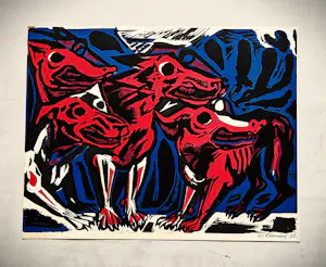 Willem Rozendaal - in 1952 gemaakte (handgekleurde) Linosnede "Hellehonden" gesigneerd kopen? Bied vanaf 31!