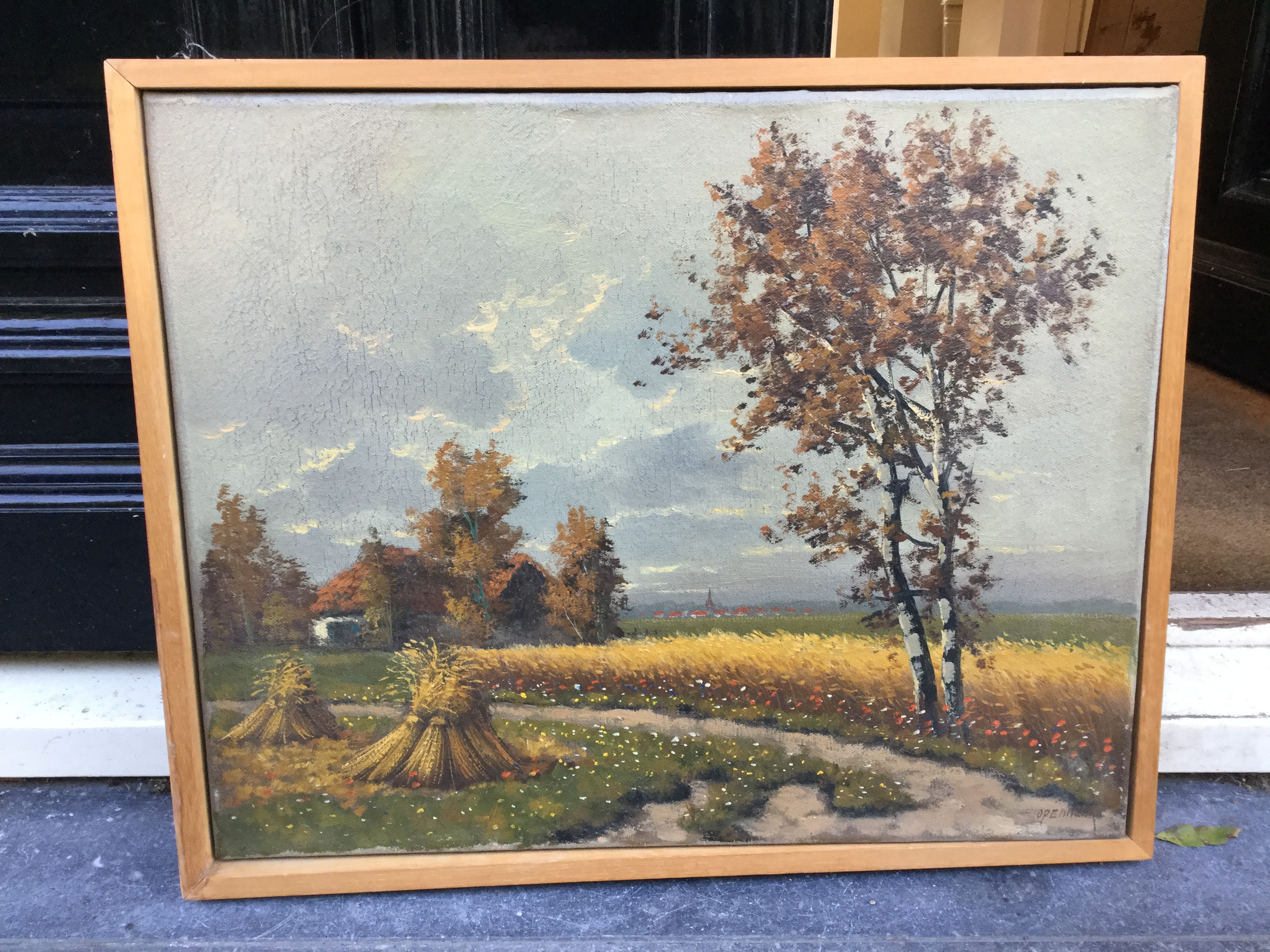 Niet of onleesbaar gesigneerd - C2324-2 Boerenlandschap met korenschoven en dorpsgezicht kopen? Bied vanaf 1!