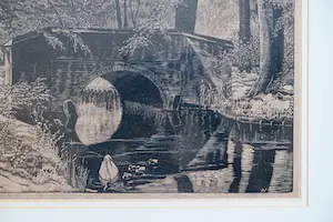 Jan Veringa - Houtsnede - Brug over bosvijvertje met zwanen kopen? Bied vanaf 100!