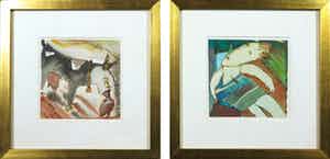 Niet of onleesbaar gesigneerd - Gouache, Lot van twee voorstellingen - Ingelijst verkocht voor € 1!