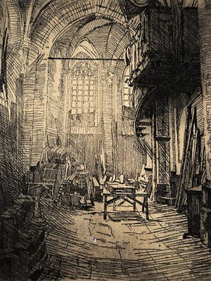 Jan Hohman - Brabantse Schilder/Graficus - Ets - "restauratie O.L.Vrouwe Kerk Breda" gesignee kopen? Bied vanaf 10!