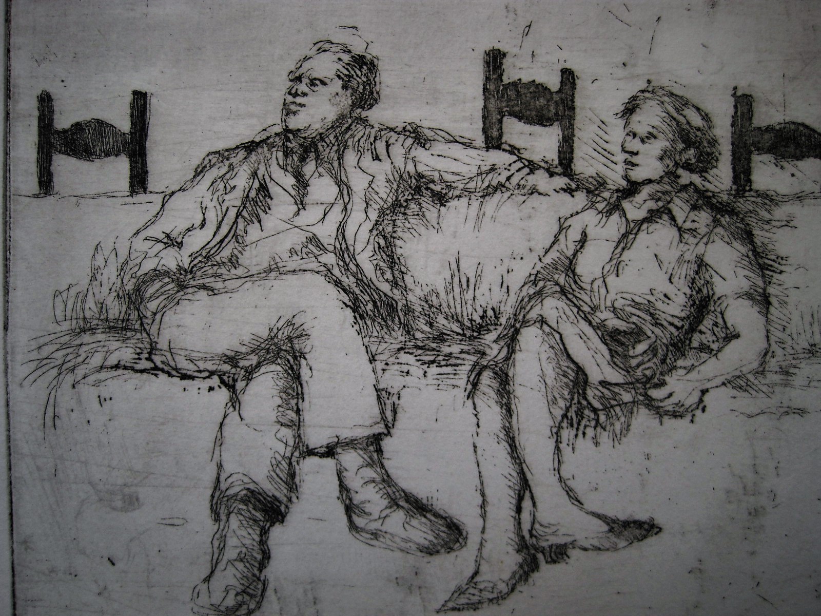 Niet of onleesbaar gesigneerd - Leuke gesigneerde Ets "Echtpaar op de bank"  kopen? Bied vanaf 1!