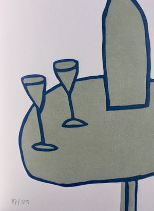Klaas Gubbels - linosnede ‘Tafel met fles en glazen’ uit 1998 - oplage 125. kopen? Bied vanaf 175!