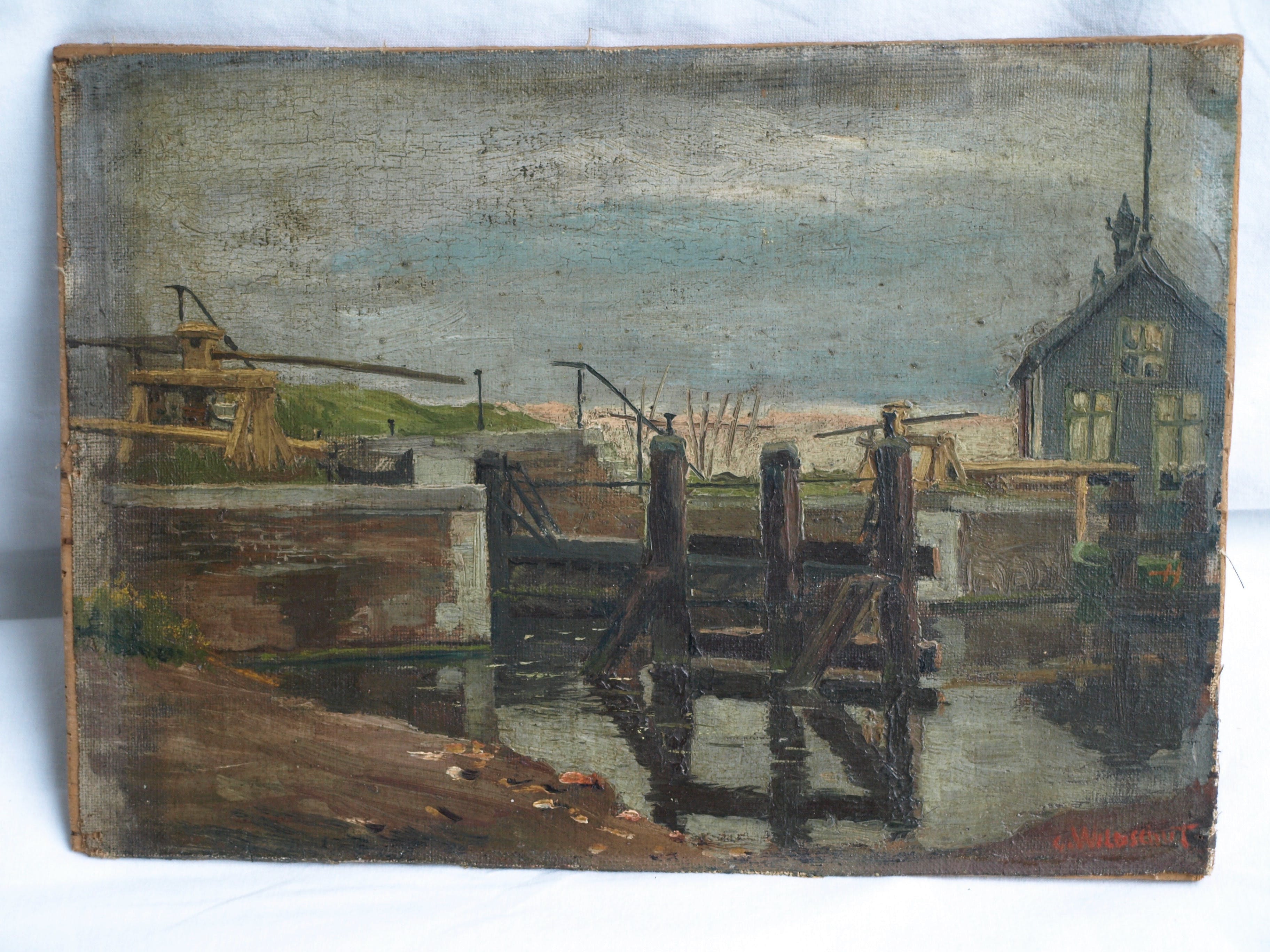 George Wildschut - Olieverf op doek op paneel (Marouflé) – Huisje aan de sluis – ingelijst –ca 1935 kopen? Bied vanaf 75!