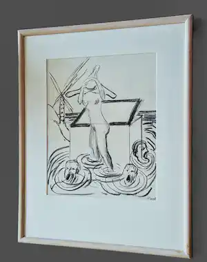 Hannes Postma - Grote in 2005 gemaakte houtskool tekening "Pandora's paddling" goed ingelijst kaufen? Bieten Sie von 58!