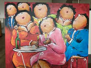Theo Broeren - Glicée met acryl op doek ‘Gezellige Borrel’(ZEER GROOT) verkocht voor € 120!