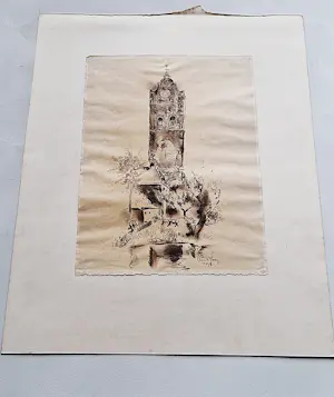 Germ de Jong - originele 1944 houskooltekening op papier "Kerktoren" gesigneerd kopen? Bied vanaf 35!