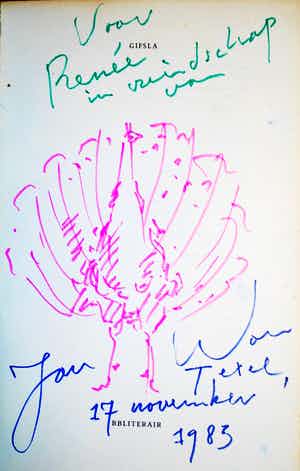 Jan Wolkers - Tekening van een pauw, met opdracht, Texel 1983 verkocht voor € 90!