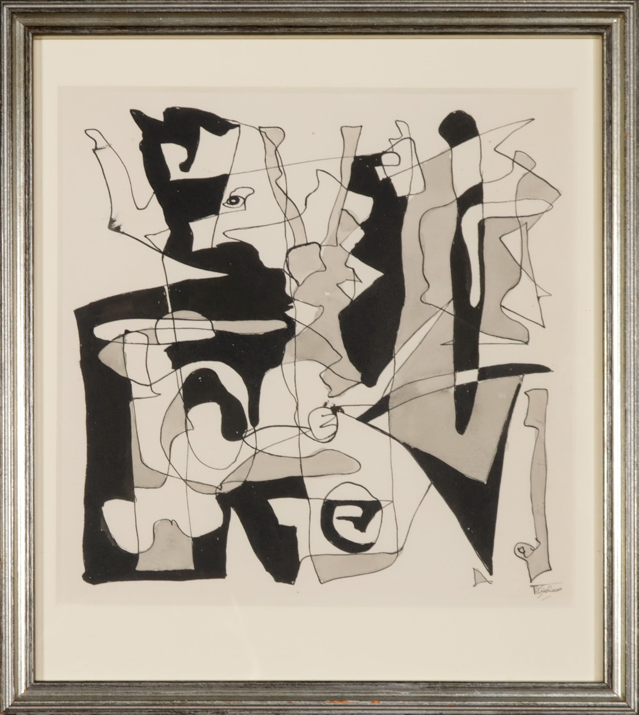 Henri Titselaar - Inkttekening, Abstracte compositie + boek - Ingelijst verkocht voor € 50!