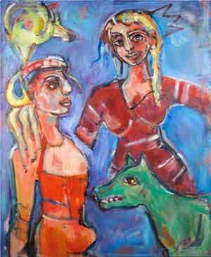 Christine Spierings - Olieverf op doek, z.t. Figuren met hond (Groot) verkocht voor € 70!