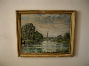 Niet of onleesbaar gesigneerd - gesigneerd Olieverf - Zomer a/d Vliet met Voorschoten op achtergrond kopen? Bied vanaf 1!