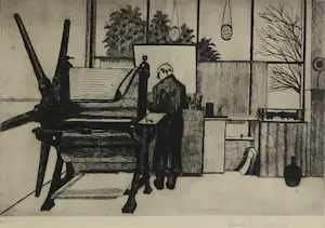 Frans de Haas - Droge naald ets op papier, De etsdrukker scherft - Ingelijst kopen? Bied vanaf 40!