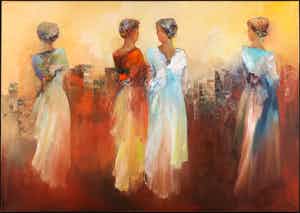 Niet of onleesbaar gesigneerd - Acryl op doek, Vrouwengezelschap (Groot) verkocht voor € 1!