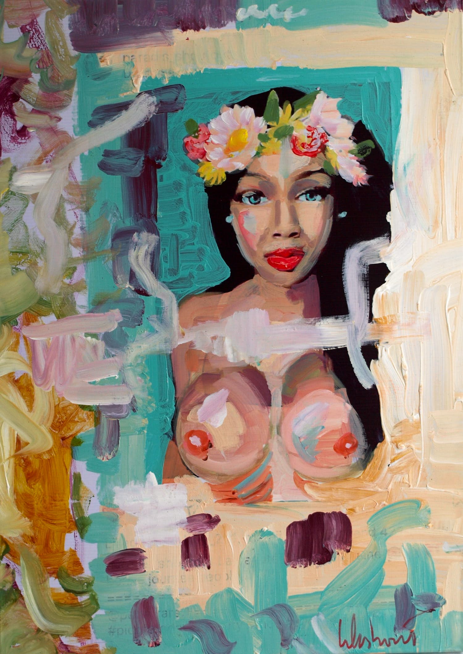 Peter Klashorst - Acrylverf op doek op houten frame , Bloemenmeisje verkocht voor € 200!