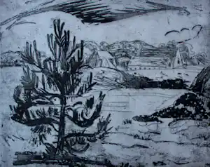 Jan Wiegers - Droge naald ets: berglandschap met denneboom kopen? Bied vanaf 95!