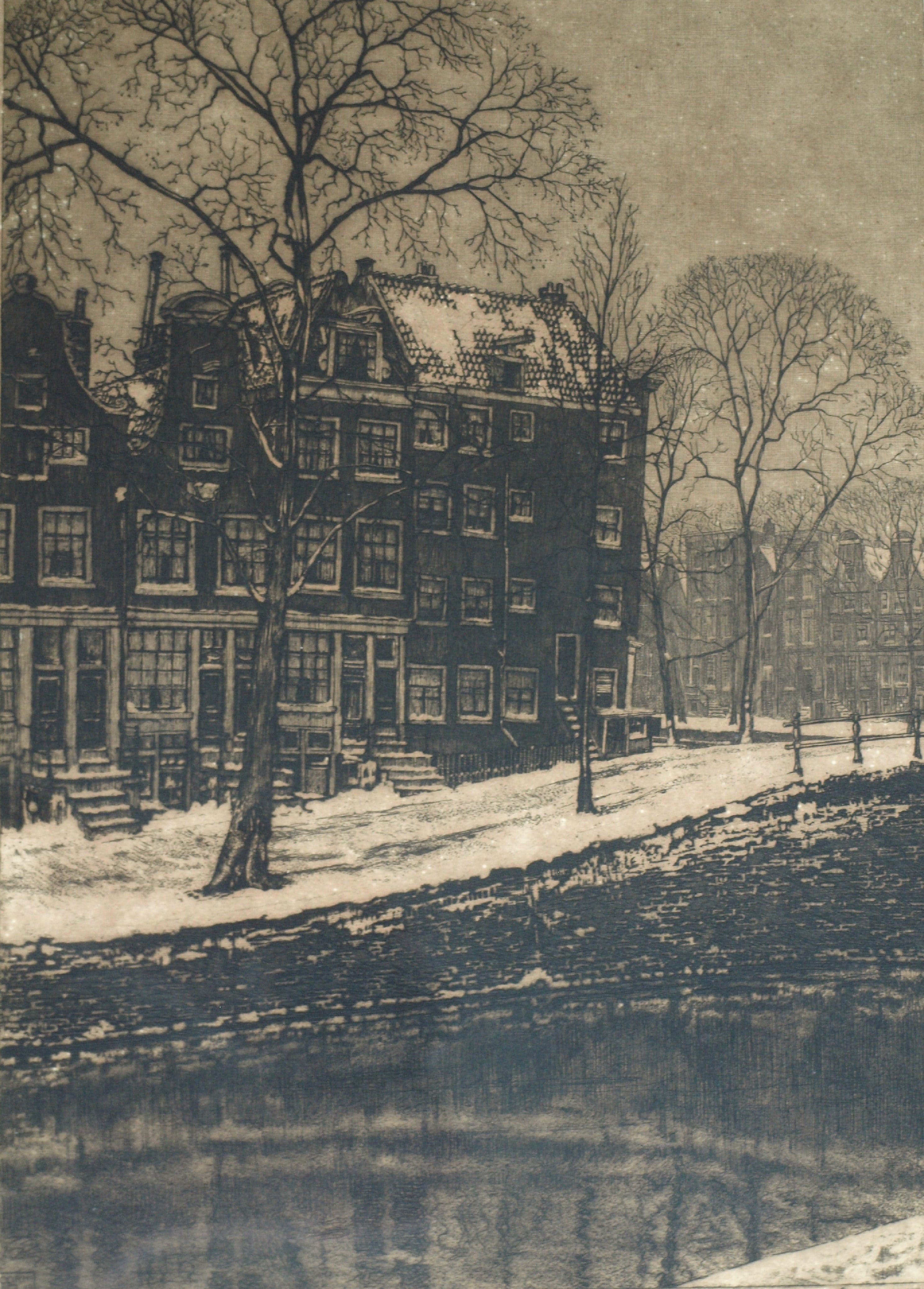 Cornelis Brandenburg - Ets, Spiegelgracht, Amsterdam in de winter – gesigneerd en ingelijst - 1913 verkocht voor € 50!