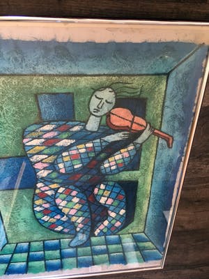 Niet of onleesbaar gesigneerd - Vioolspelende clown - acryl op geprepareerd linnen, ingelijst kopen? Bied vanaf 1!