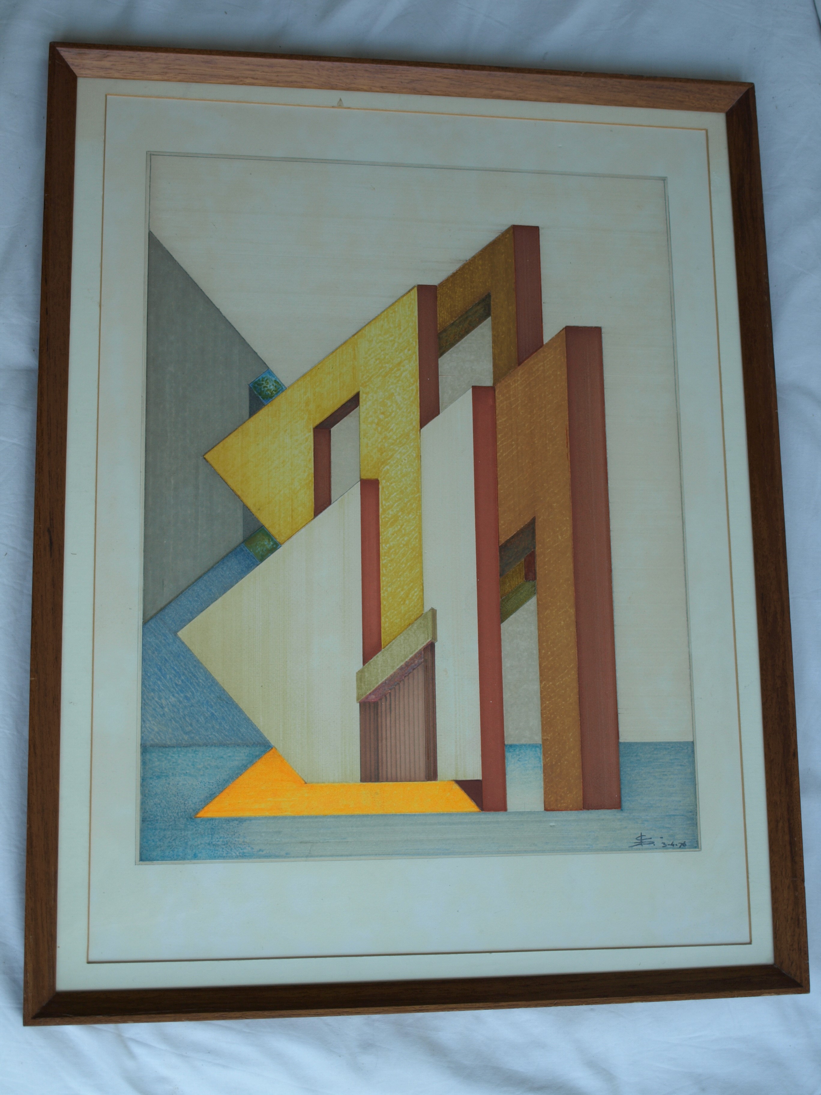 Niet of onleesbaar gesigneerd - Tekening , Bouwwerk – gesigneerd d.m.v. monogram – ingelijst - 1976  kopen? Bied vanaf 1!