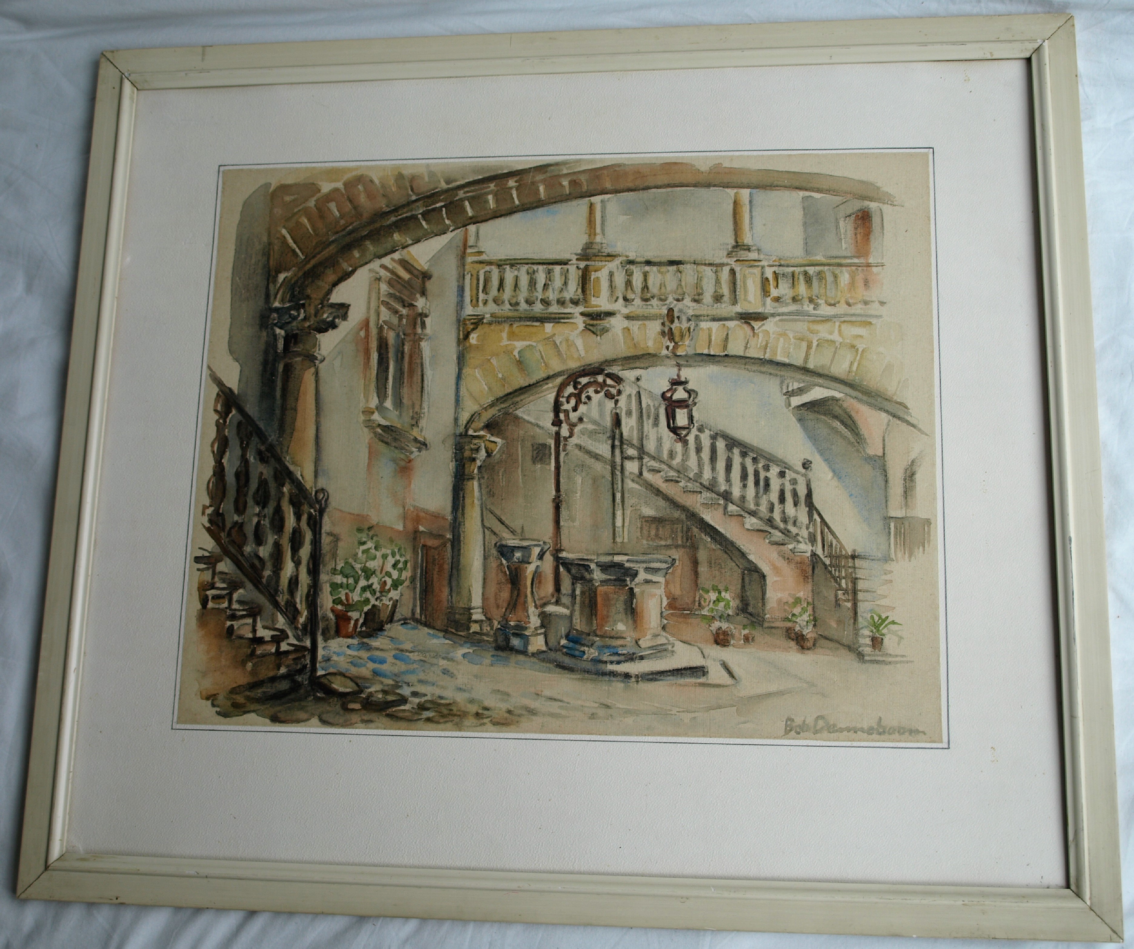 Bob Denneboom - Aquarel , Patio, Espana, Palma - ingelijst – 1958 kopen? Bied vanaf 50!