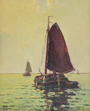 Arnout van Gilst - Olieverf op doek, Botters op een meer - Ingelijst kopen? Bied vanaf 1!