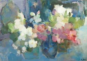 Hetty Mertz - Gouache, Stilleven met roze+witte bloem - Ingelijst kopen? Bied vanaf 1!