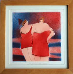 Cora Vries - Ingelijste zeefdruk , The Night , Vrouwen in badpak – Loodskado 1995 verkocht voor € 45!