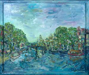 Ron van den Bosch - Arcyl op doek, Stadsgezicht - Ingelijst verkocht voor € 150!