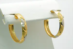 Acheter15 - Een paar 18 karaats bicolor gouden oorringen gematteerd met krul gravuren? Enchérissez de 170!