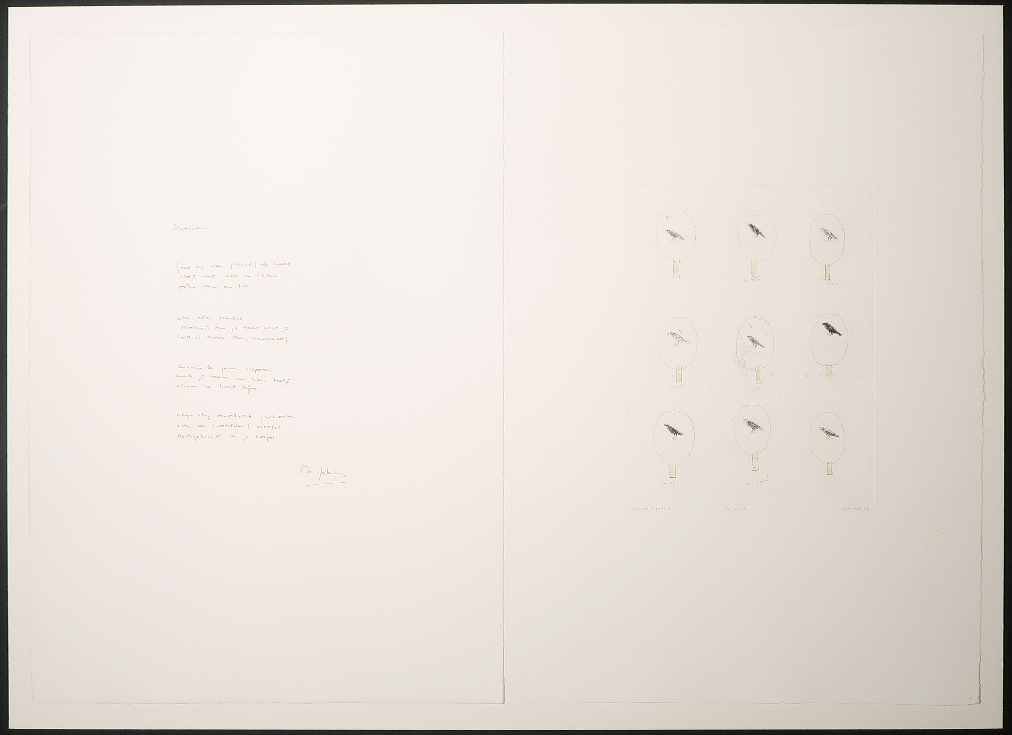 Hans Andringa - Grafiek Nu & Poëzie - Ets en aquarel, Merel + Gedicht van Eva Gerlach kopen? Bied vanaf 40!