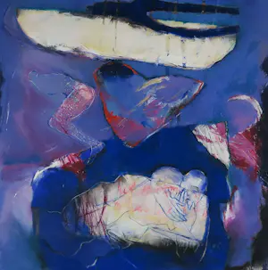 Marjan Nagtegaal - Acryl op doek, Abstracte compositie in blauwtinten - Ingelijst (Groot) kopen? Bied vanaf 70!