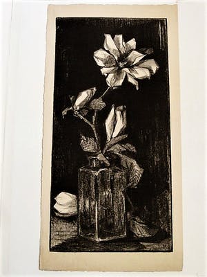 Herman Kruyder - Grote Houtsnede - Stilleven "Rozen takken" - gesigneerd in blok kopen? Bied vanaf 20!