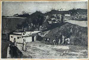 Ber Mengels - Ingelijste ets, Mediterraan mijnlandschap - 1963 verkocht voor € 35!