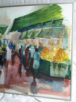 Niet of onleesbaar gesigneerd - Acrylverf en collage , De markt op een regenachtige dag – ingelijst - Groot kopen? Bied vanaf 1!