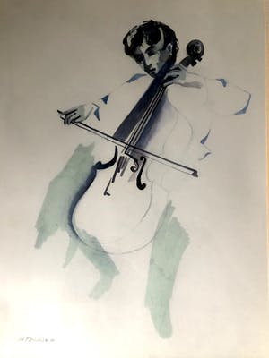 Henk Fonville - Bassist - Aquarel, Ingelijst kopen? Bied vanaf 90!