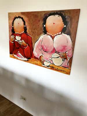 Theo Broeren - Glicée met acryl op doek ‘Theekransje’ (GROOT) verkocht voor € 100!